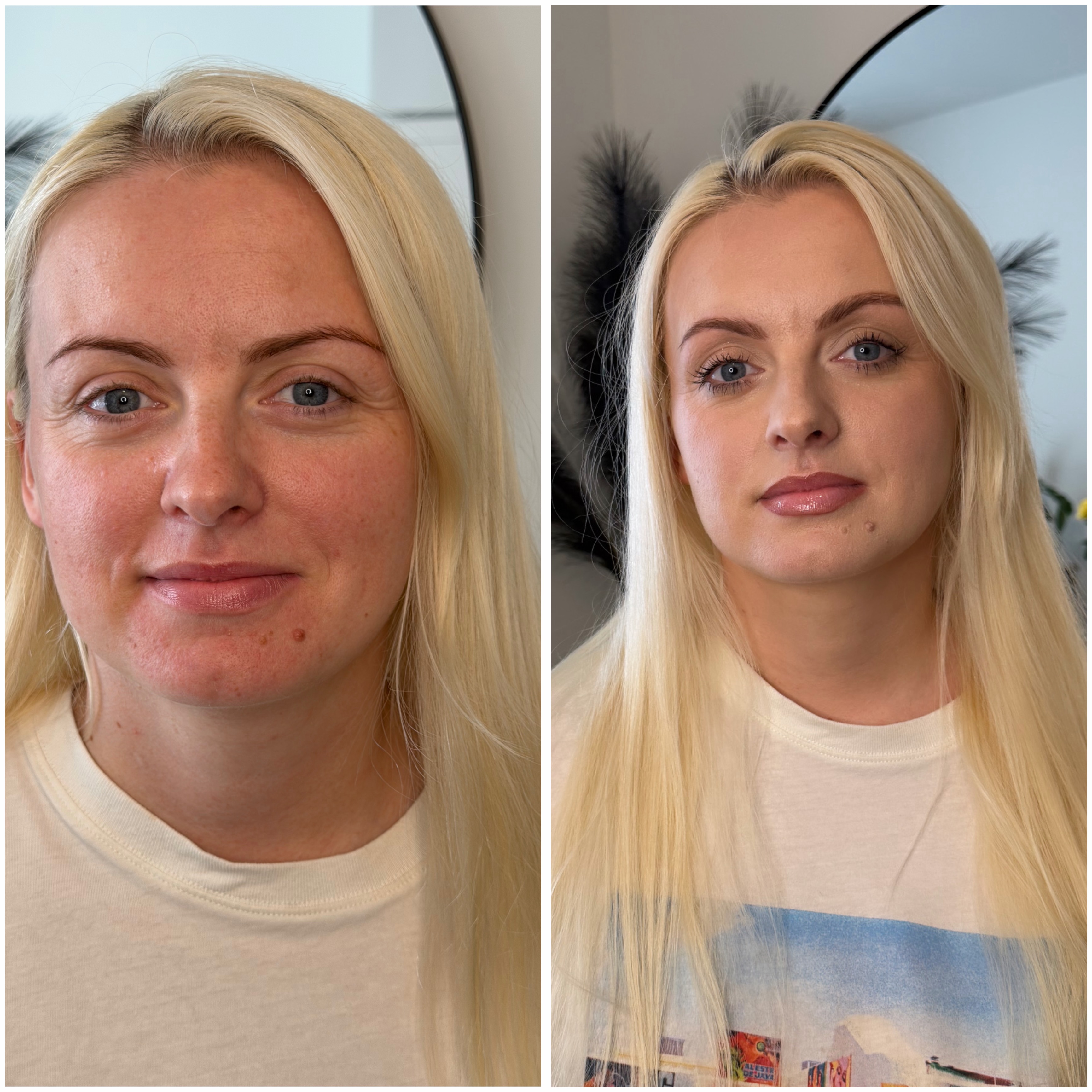 Client one, side by side: before makeup on the left with a bare face and a white tee; after on the right with soft eye definition and a pink lip