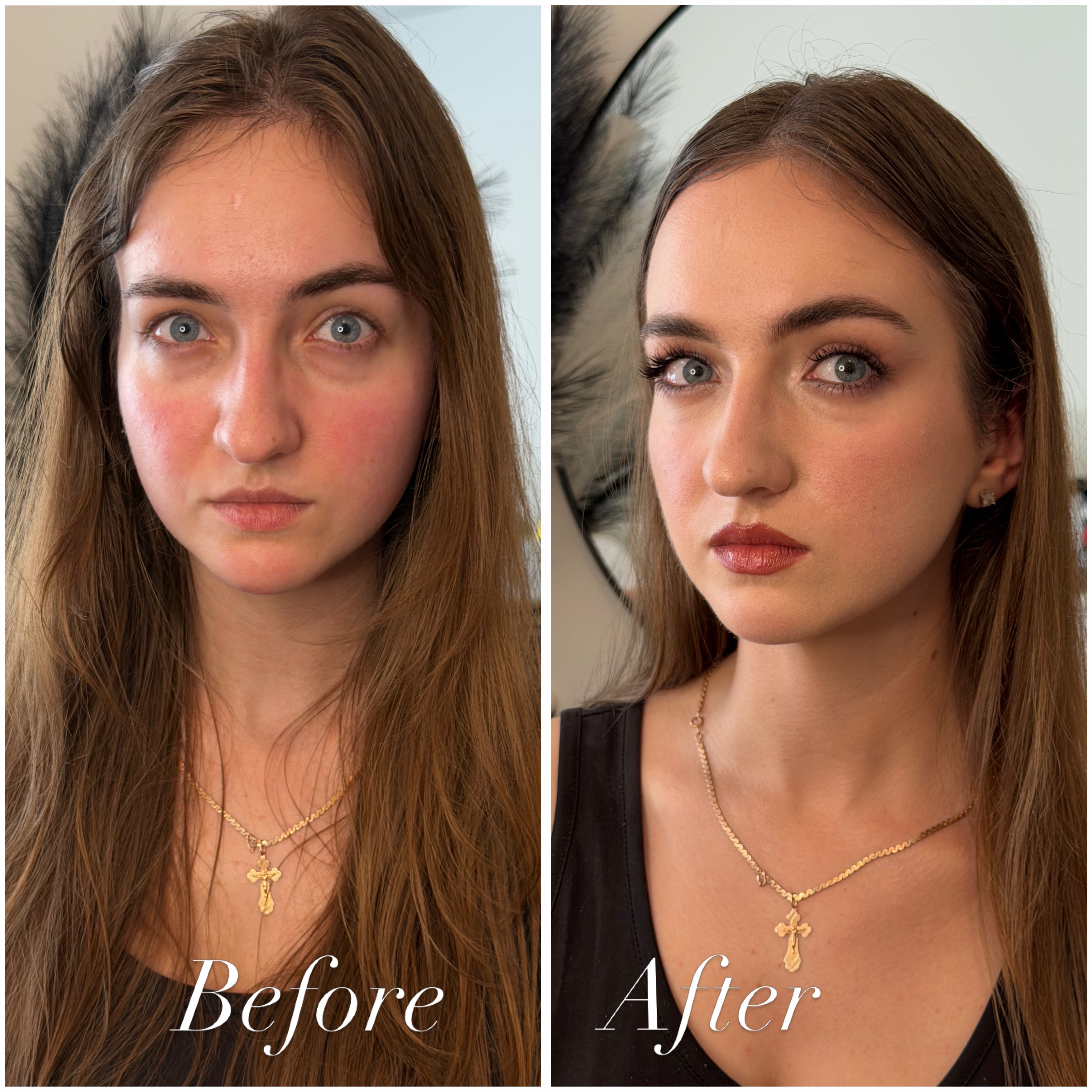 Client two, side by side: before makeup on the left; after on the right with warm eyes and a rose lip, captioned Before and After